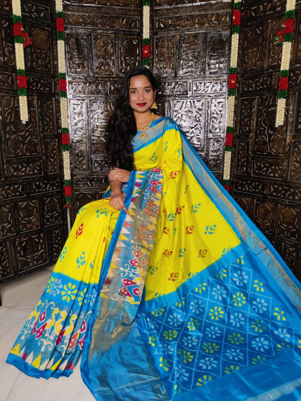 Pure Pochampally Ikkat Silk Saree With Blouse Pthani Pattern  Border.