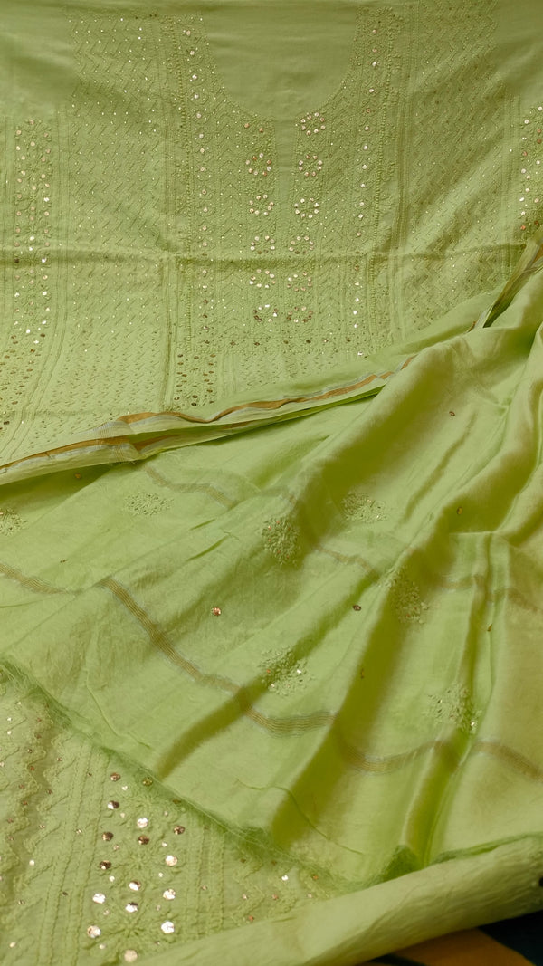 Pure Chanderi Silk 70grm Chikankari And Mukaish Work Unstitched Suit .