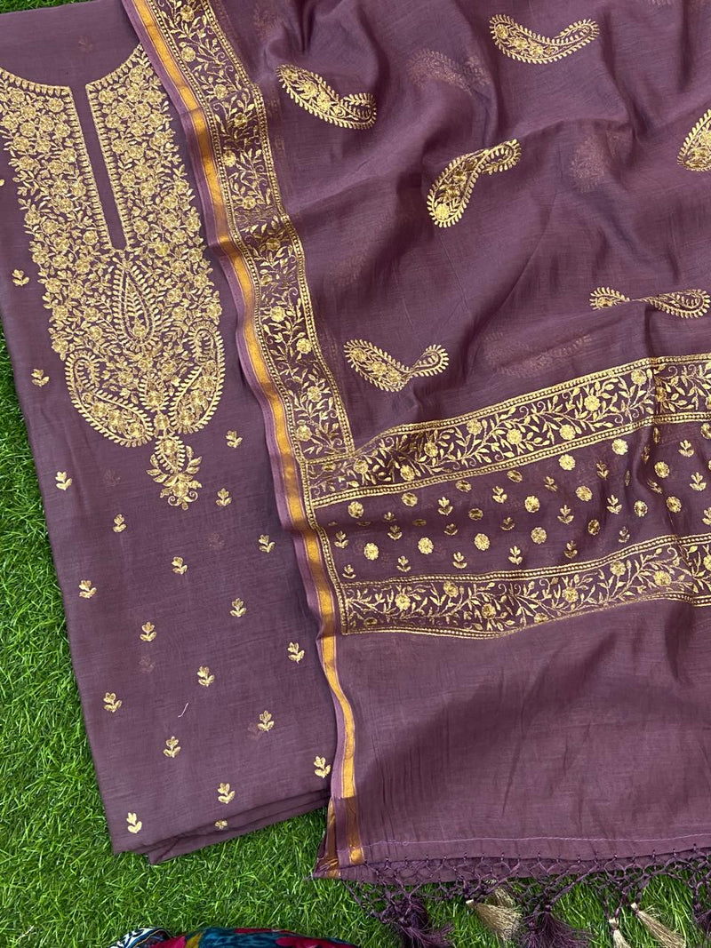 Pure Banarasi Resham Mal Chanderi Silk Zari  Unstitched Suit with Beautiful Neck Embroidery.