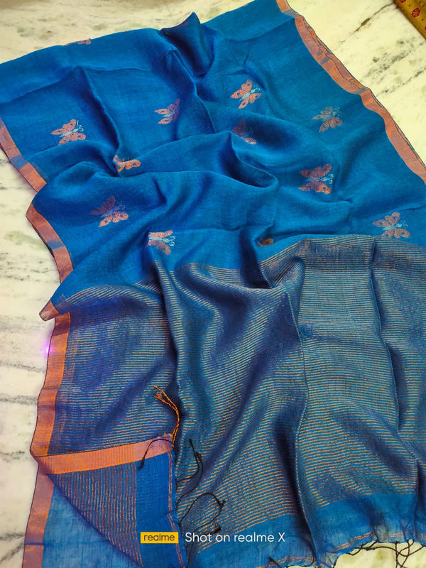 Pure Linen Silk Embroidery Work Saree With Blouse.