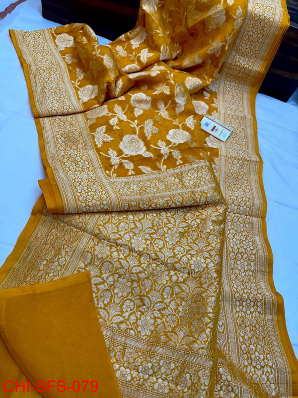 Pure Banarasi Handloom Khaddi Georgette Silk Saree With Beautiful Antique Zari Work