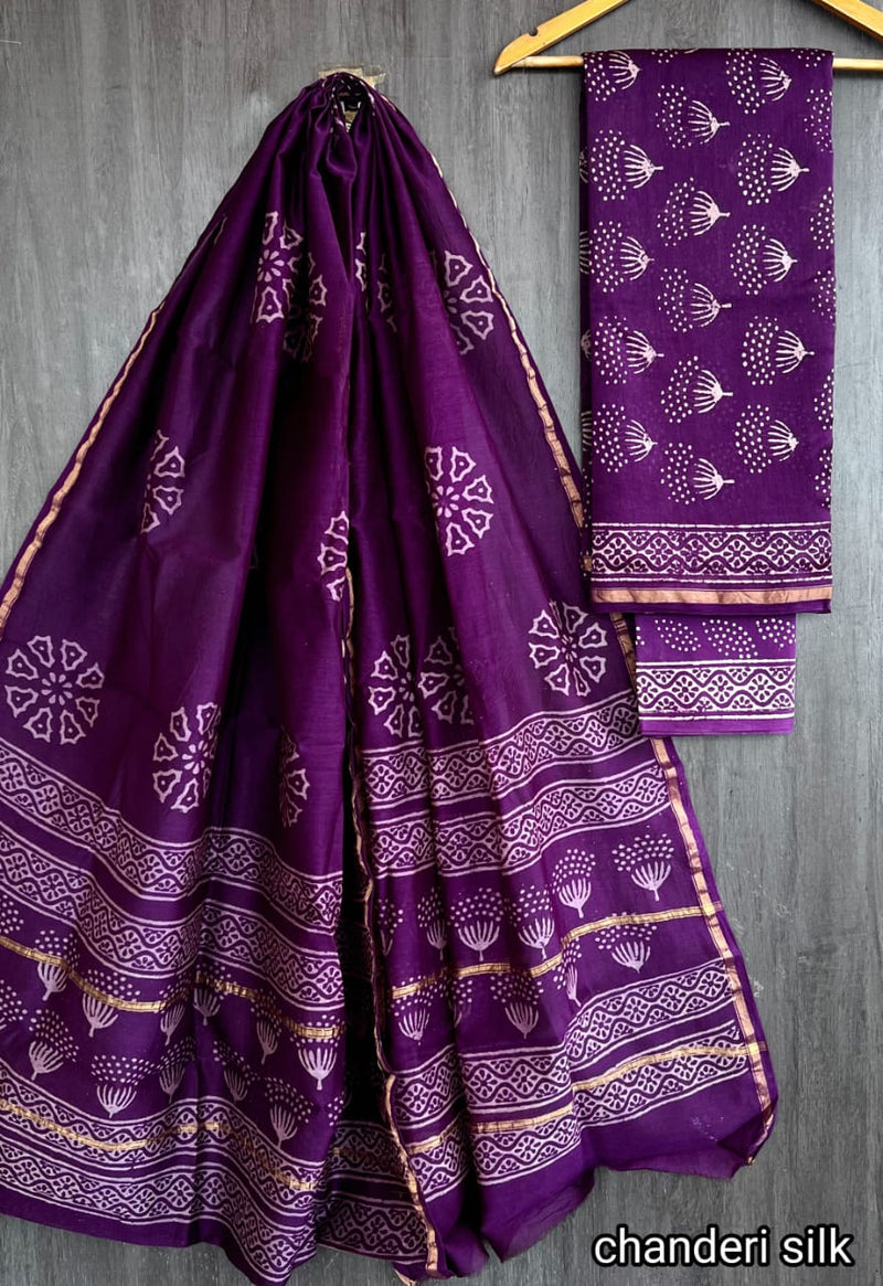 Pure Hand Block Chanderi Silk Unstitched Suit.