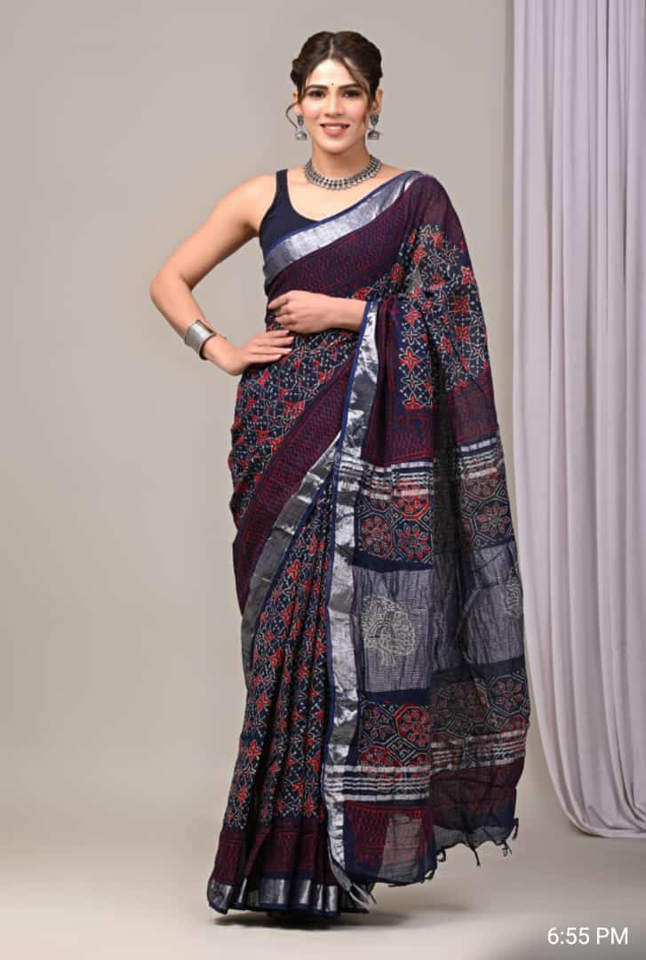 Hand Block Print Linen Saree with Blouse .