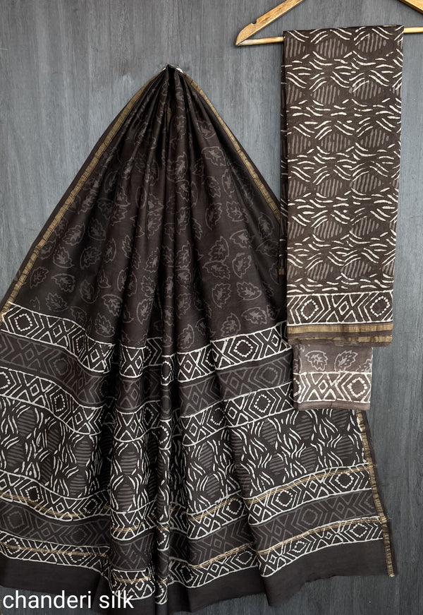 Pure Hand Block Chanderi Silk Unstitched Suit.