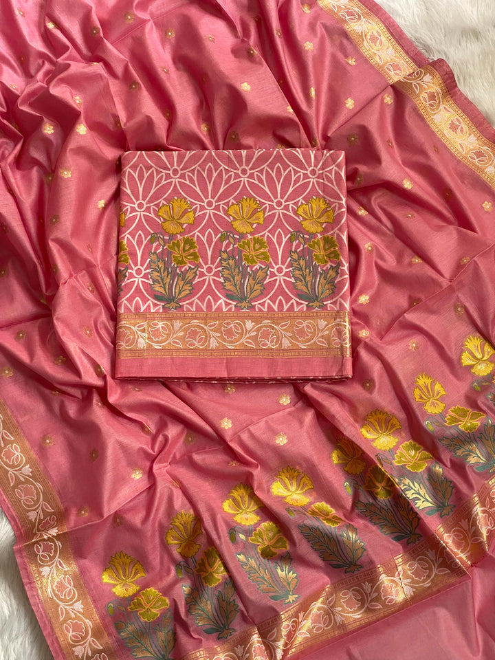 Pure Handloom Tilfi Chander Silk Weaved Unstiched Suit With Tilfi Chanderi weaved Dupatta.