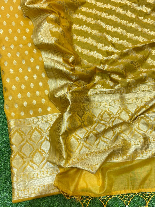 Pure Banarasi Resham Chanderi Silk Zari Woven Unstitched Suit With Resham Chanderi Allover Zari work Dupatta.