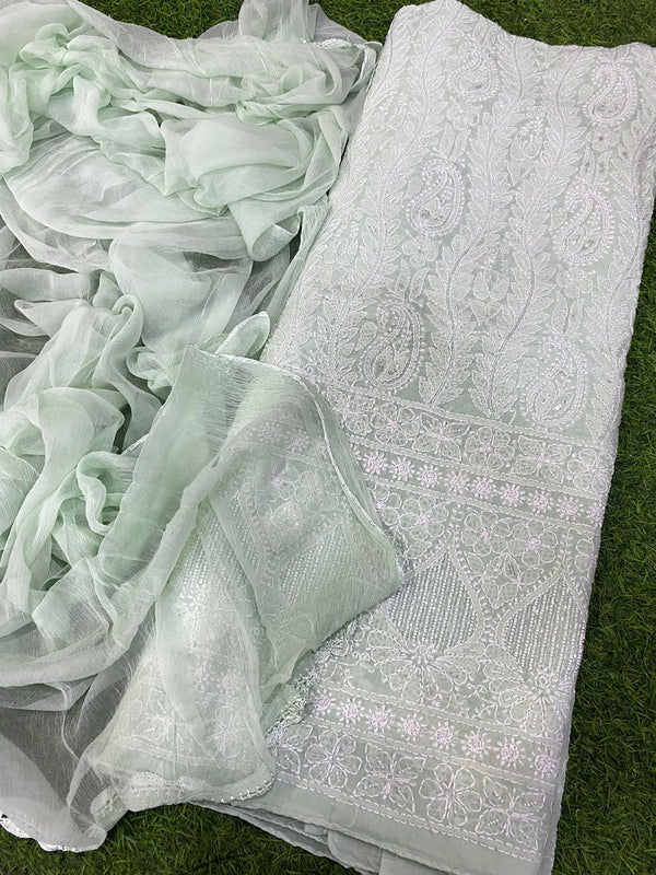 Pure Cotton Chikankari Hand & Pearl CutDana ,Sequence Work Unstitched Suit.