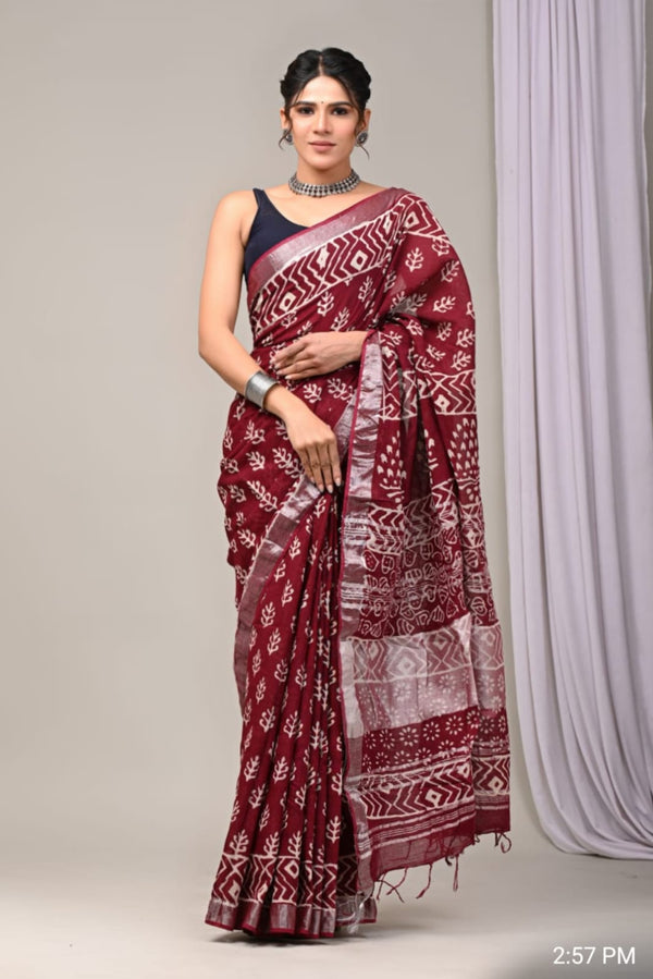 Hand Block Print Linen Saree with Blouse .