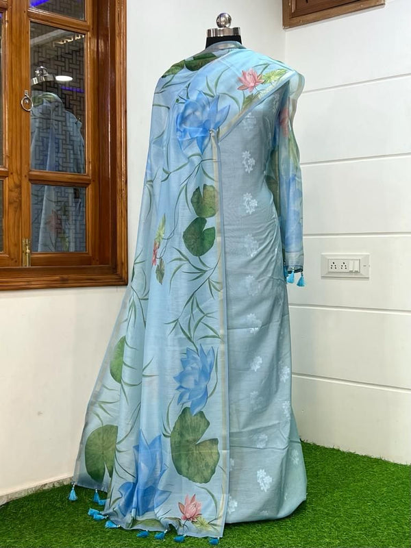 Banarasi Chanderi Silk Zari work unstitched Suit With Chanderi Pichwai Floral Dupatta.