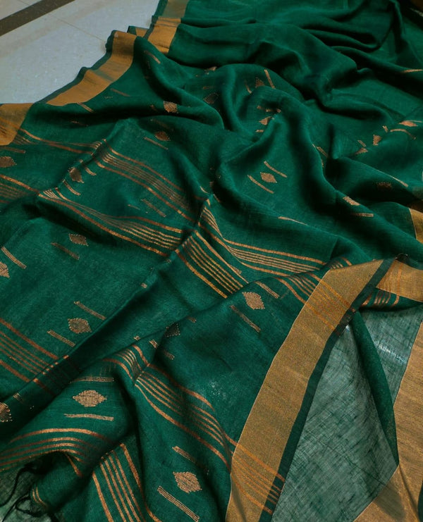 Pure Linen Silk Weaving Work Saree With Blouse.