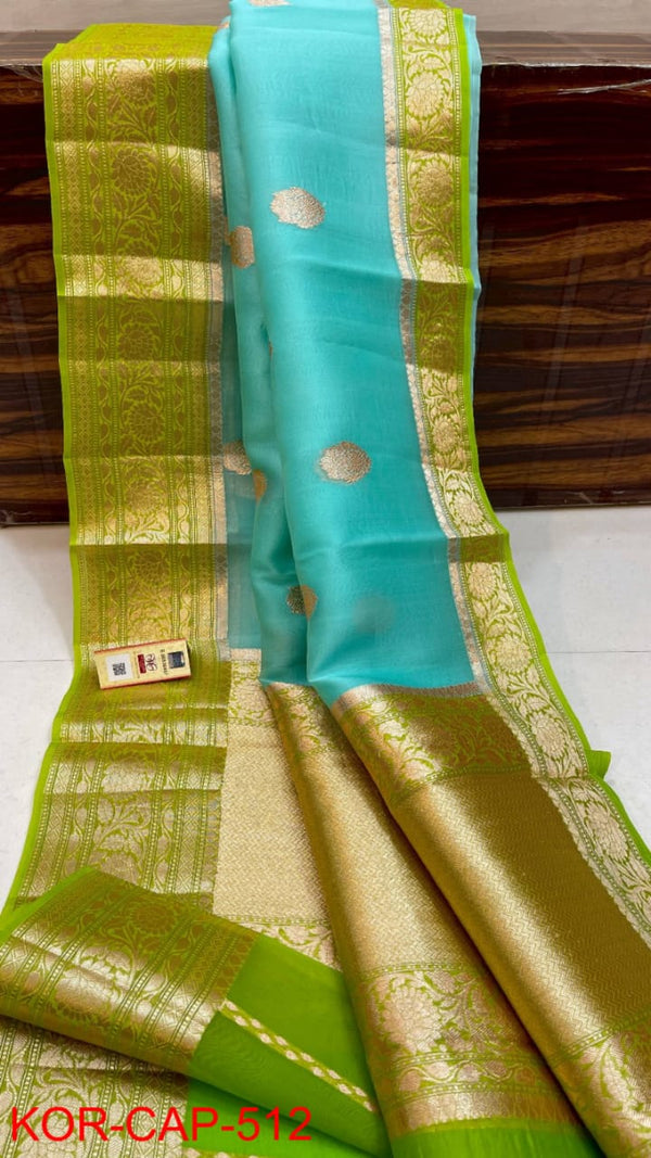 Pure Banarasi Kora Organza Silk Handwoven Zari Work Saree With Silk Mark Certificate ( Length- 6.3 Meter )