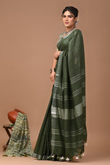 Hand Block Print Linen Saree with Blouse .