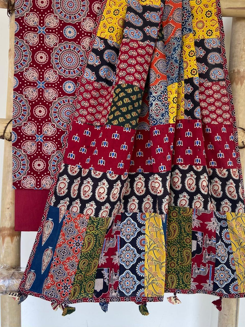 Pure Cotton Azrakh Print Unstitched suit With Patch Work Dupatta.