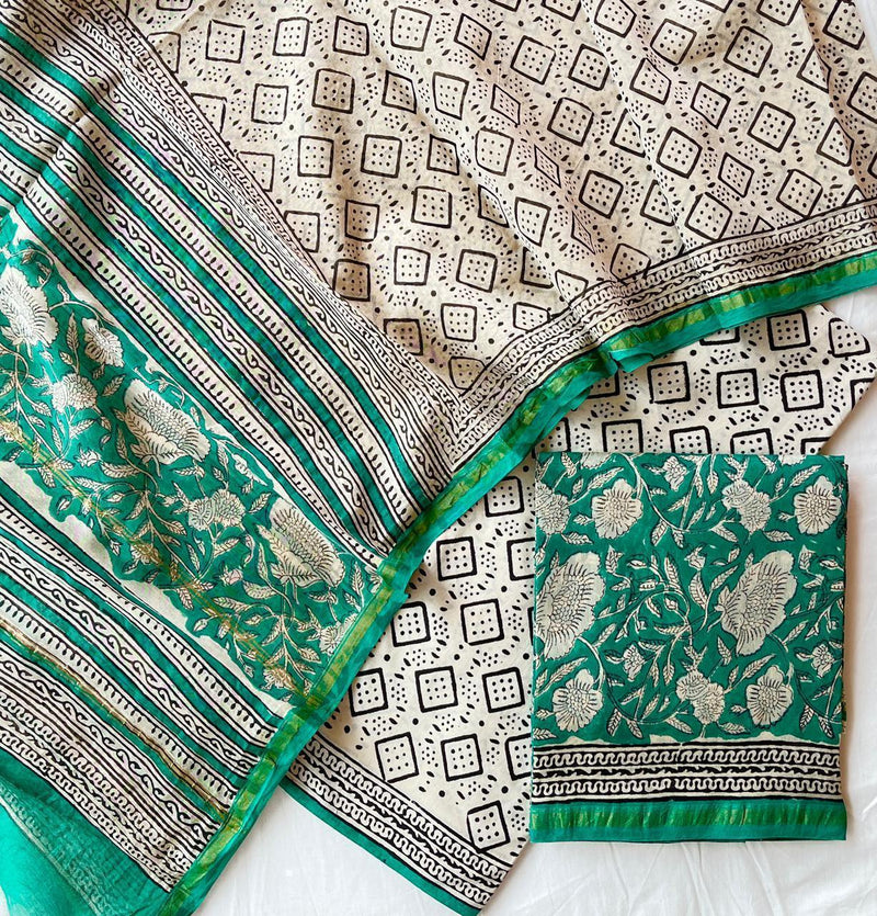 Pure Hand Block Chanderi Silk Unstitched Suit .