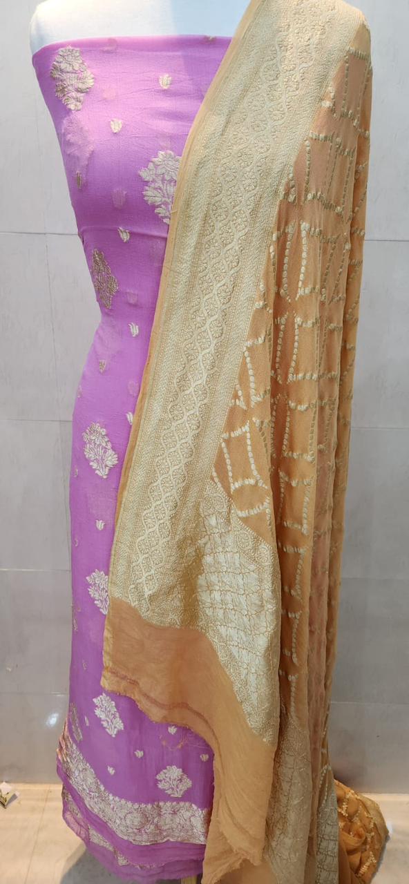 Pure Khaddi Georgette Zari Work Unstitched Suit With Khaddi Georgette Dupatta.