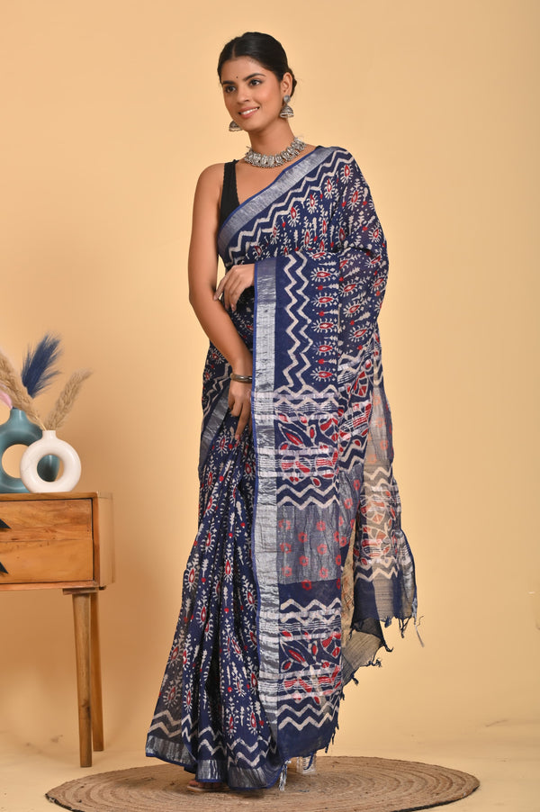 Hand Block Print Linen Saree with Blouse .