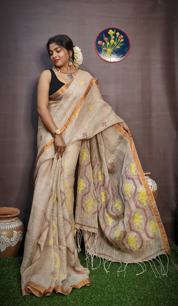 Pure Tissue Linen Silk Weaving Work Saree With Blouse.