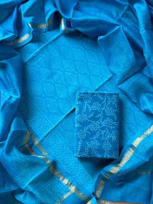 Pure Hand Block Chanderi Silk Unstitched Suit.