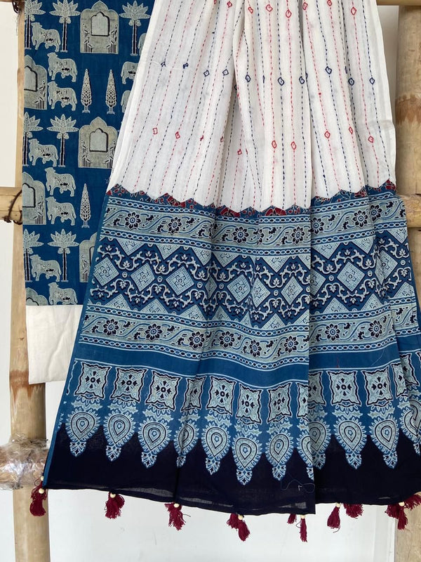 Pure Cotton Azrakh Print Unstitched suit With Hand kantha Work Dupatta .