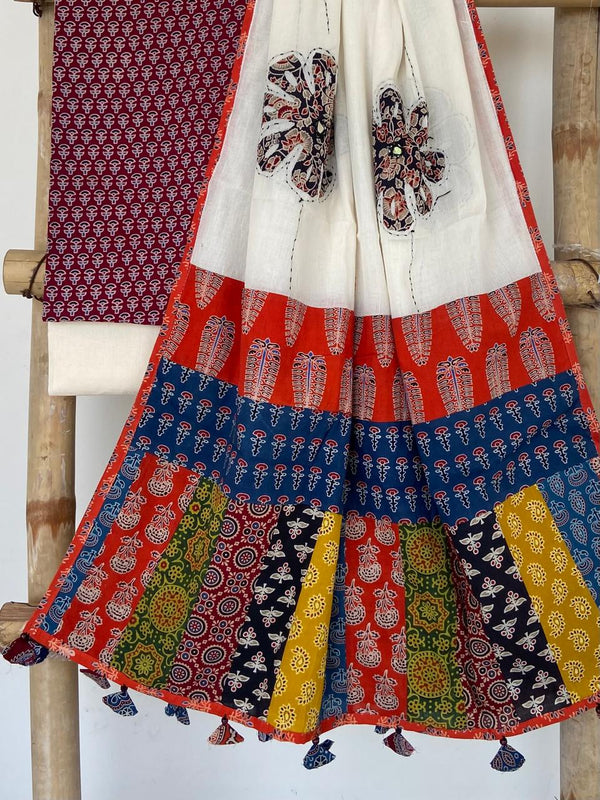 Pure Cotton Azrakh Print Unstitched suit With patch work Dupatta.