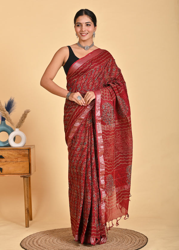 Hand Block Print Linen Saree with Blouse .