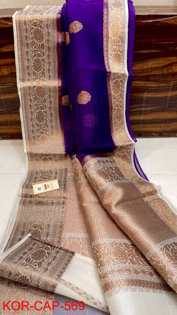 Pure Banarasi Kora Organza Silk Handwoven Zari Work Saree With Silk Mark Certificate ( Length- 6.3 Meter )