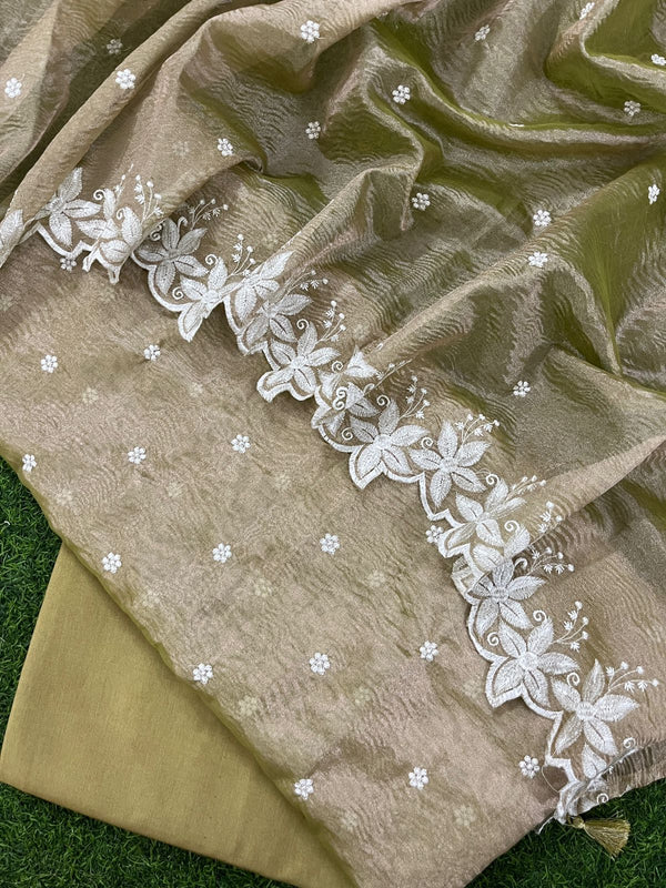 Banarasi Tissue Silk Embroidery Unstitched Suit with Tissue Crush Embroidery Dupatta.