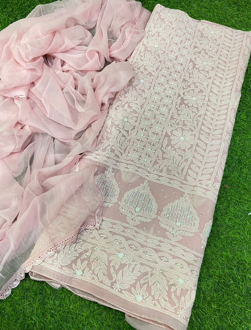 Pure Cotton Chikankari Hand & Pearl CutDana ,Sequence Work Unstitched Suit.