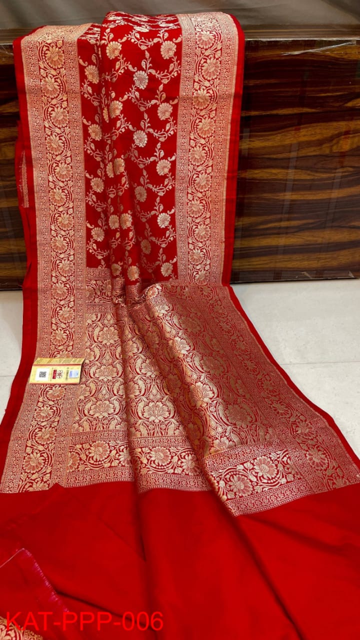 Pure Banarasi Handloom Katan Silk Jaal Weving Saree With Blouse.