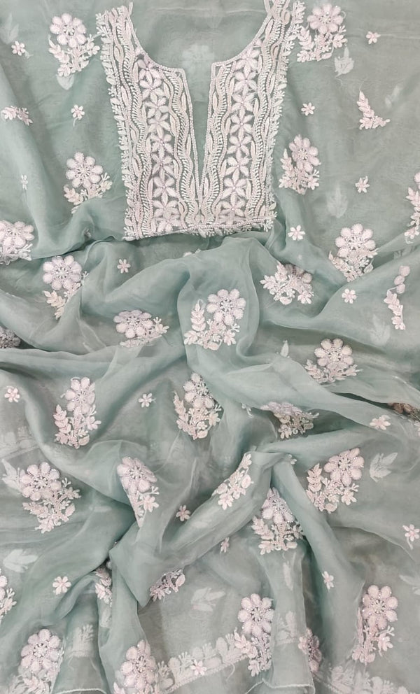 Pure Organza Silk Hand Chikankari Embroidery And Pearl Cut Dana Work Unstitched Suit.