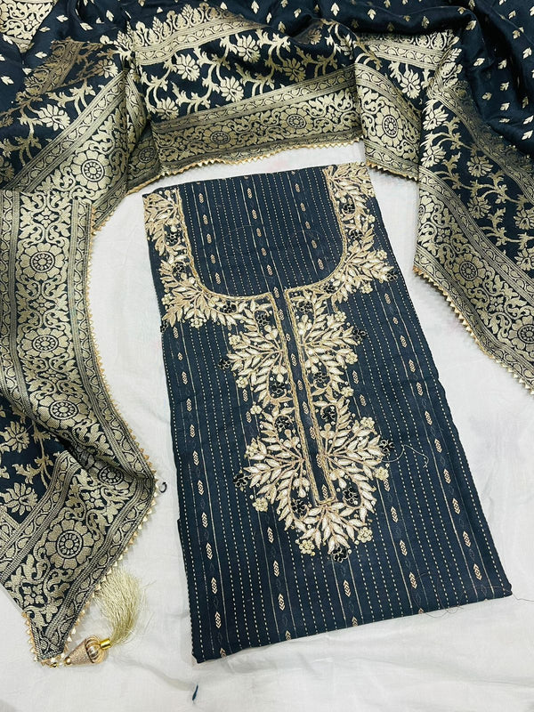 Pure Cotton Hand Work Unstitched Suit With Dola Silk Dupatta.