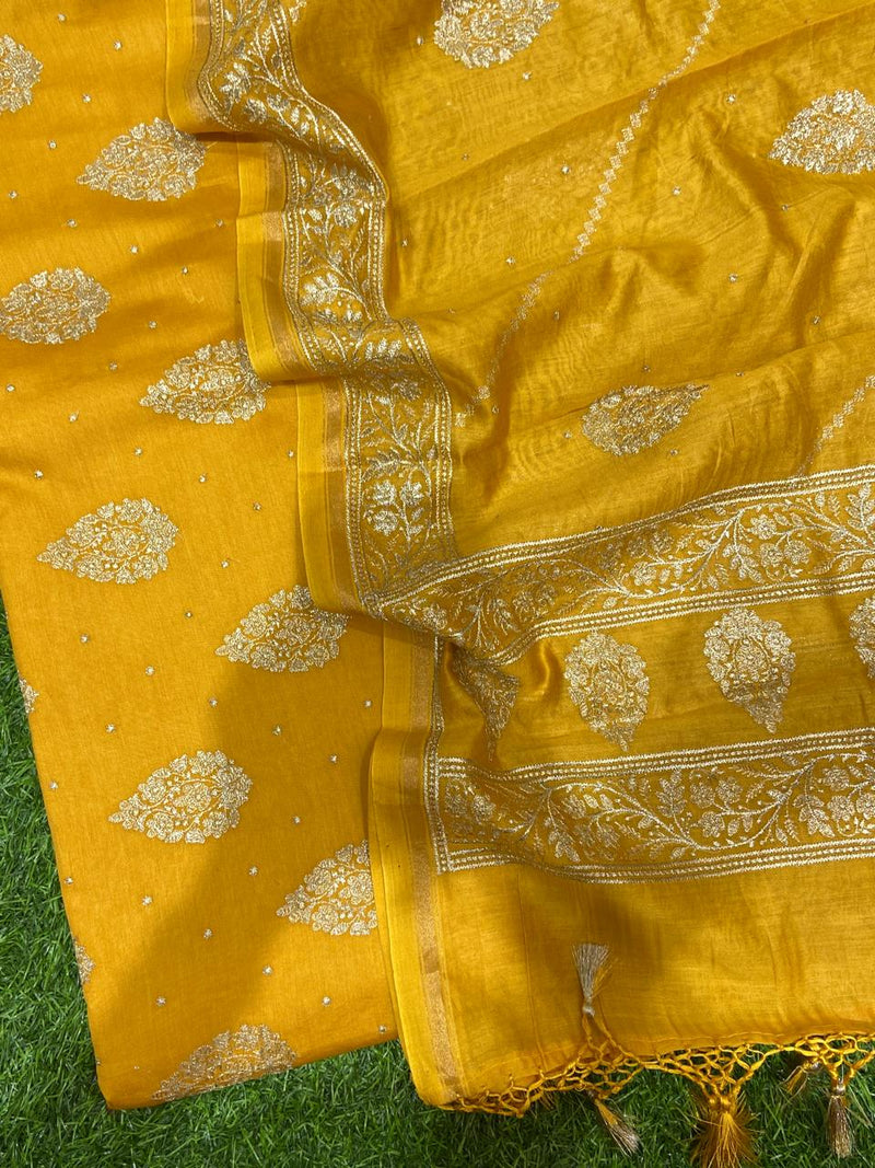 Pure Banarasi Resham Mul Chanderi Silk Zari Embroidery Unstitched Suit.