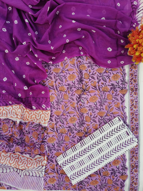 Pure Cotton Hand-Block Print unstitched suit with cotton dupatta .