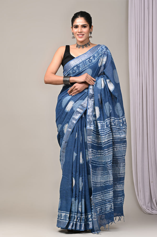 Hand Block Print Linen Saree with Blouse .