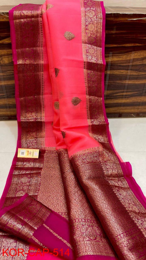 Pure Banarasi Kora Organza Silk Handwoven Zari Work Saree With Silk Mark Certificate ( Length- 6.3 Meter )