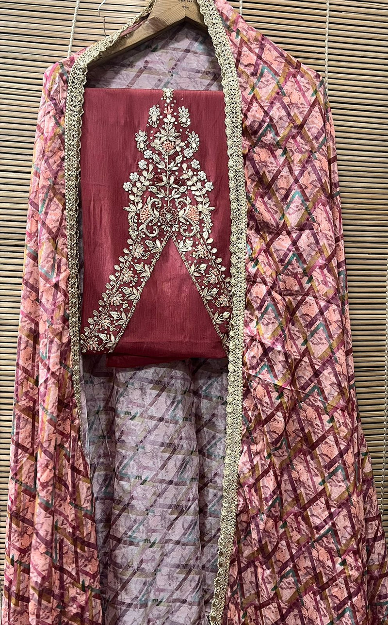 Pure Chinon Neck Work Unstitched Suit With Chinon Printed Dupatta.