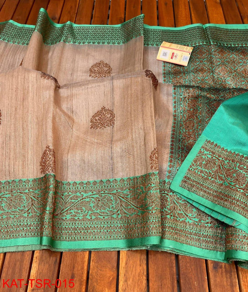 Handwoven Pure Banarasi Tussar Silk Saree With Antique Zari Work.