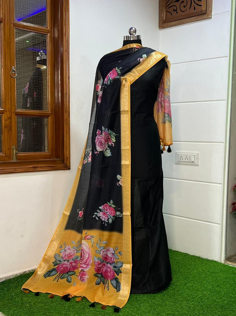 Banarasi Russian Unstitched Suit With Cotton Silk Digital print Dupatta.