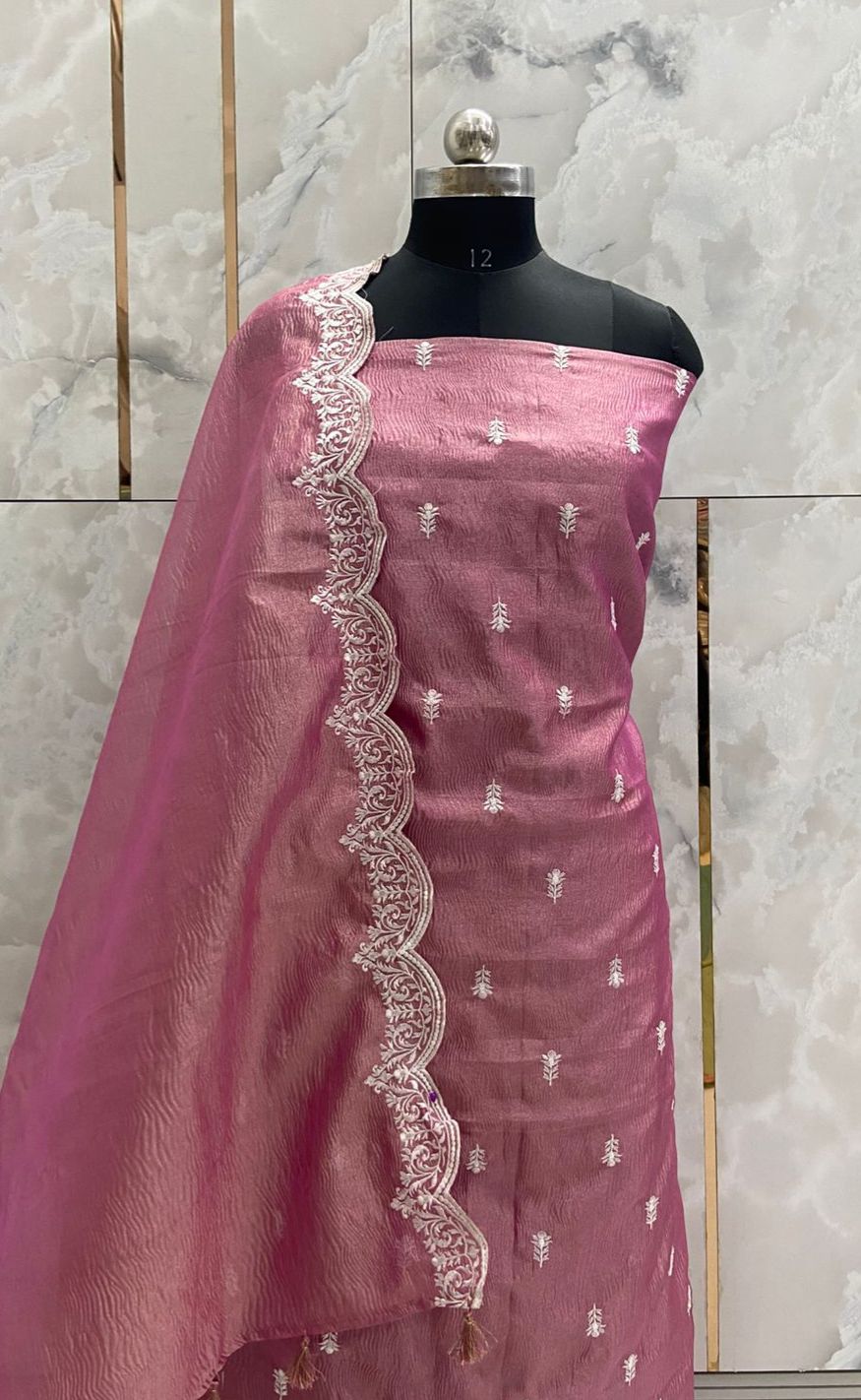 Banarasi Tissue Silk Embroidery Unstitched Suit with Tissue Crush Embroidery Dupatta.