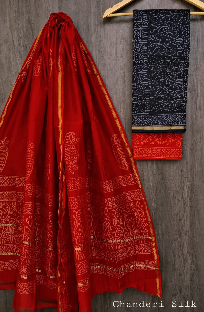 Pure Hand Block Chanderi Silk Unstitched Suit.