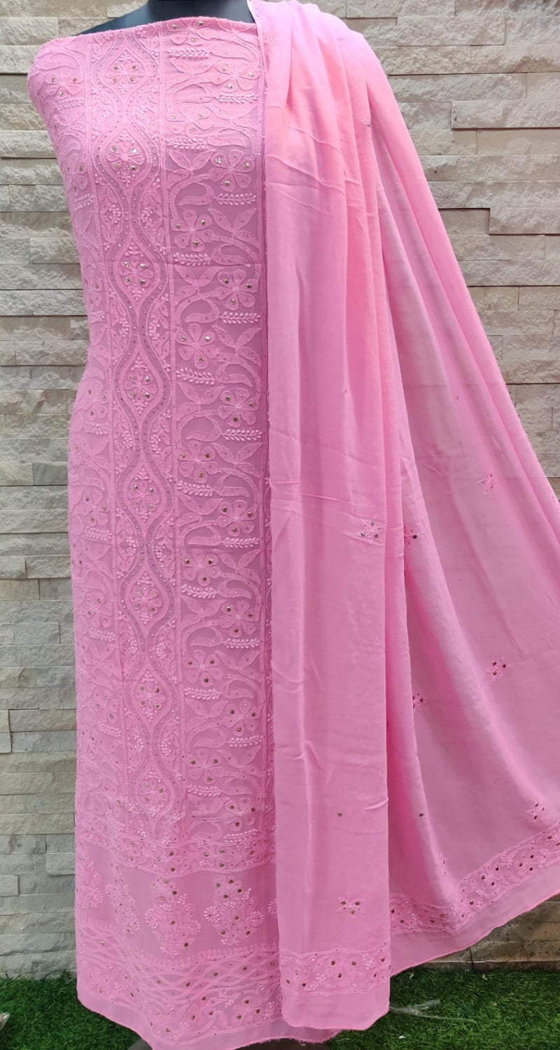 Pure Viscose Georgette Chikankari Hand Embroidery And Mukesh Work Unstitched Suit.