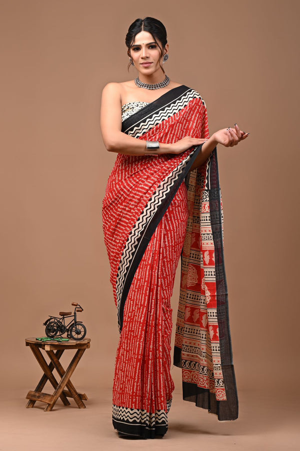 Pure  Mul cotton Hand print saree with Blouse