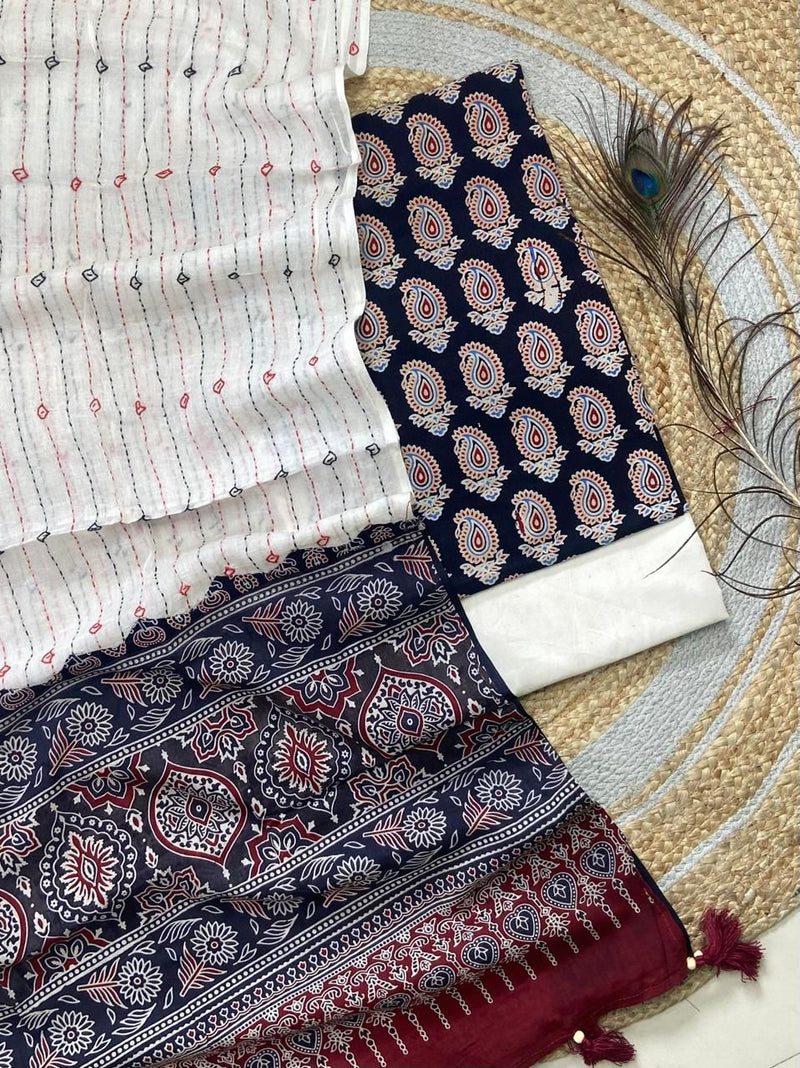 Pure Cotton Azrakh Print Unstitched suit With Hand kantha Work Dupatta .