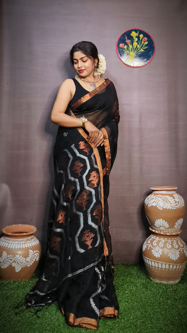 Pure Tissue Linen Silk Weaving Work Saree With Blouse.