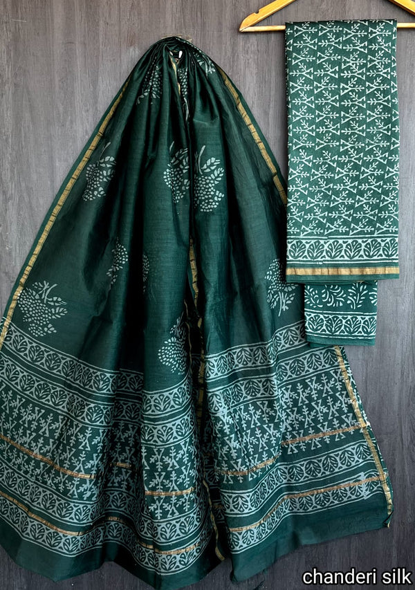 Pure Hand Block Chanderi Silk Unstitched Suit.