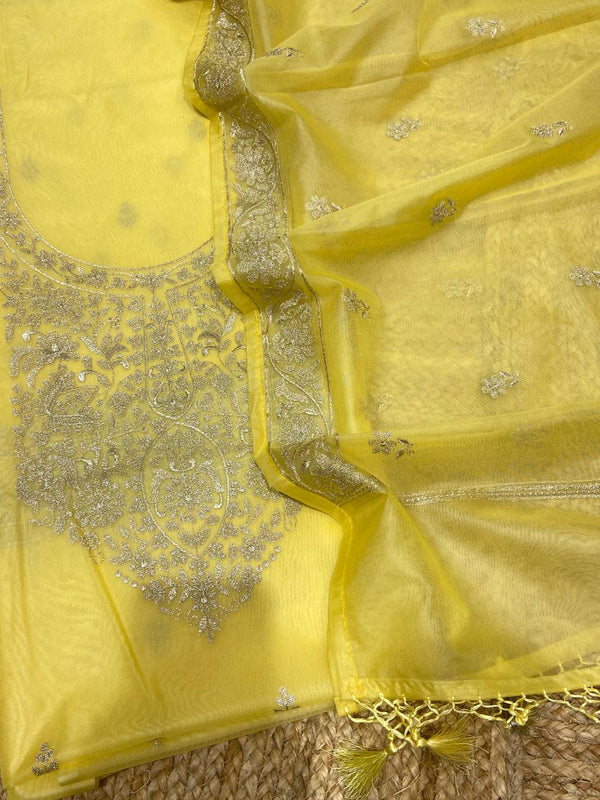 Pure Banarasi Organza Silk Zari Embroidery Unstitched Suit.