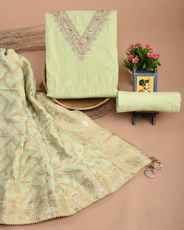 Pure Chanderi Silk Hand Work Unstitched Suit With Dhola Silk Dupatta.