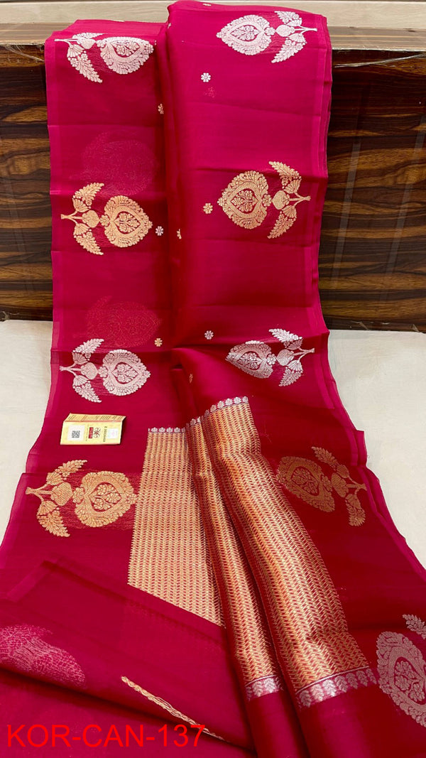 Pure Banarasi Kora Organza Silk Handwoven Zari Work Saree With Silk Mark Certificate ( Length- 6.3 Meter )