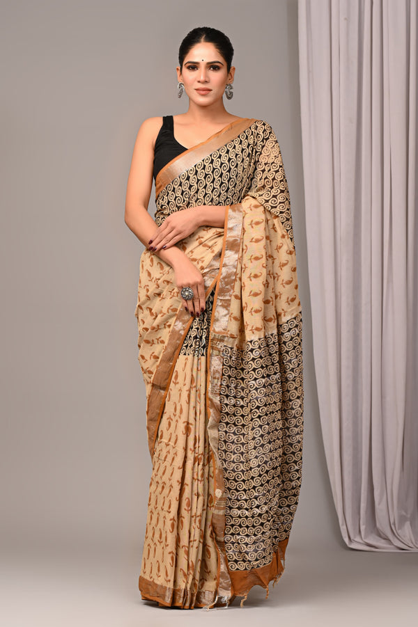 Hand Block Print Linen Saree with Blouse .