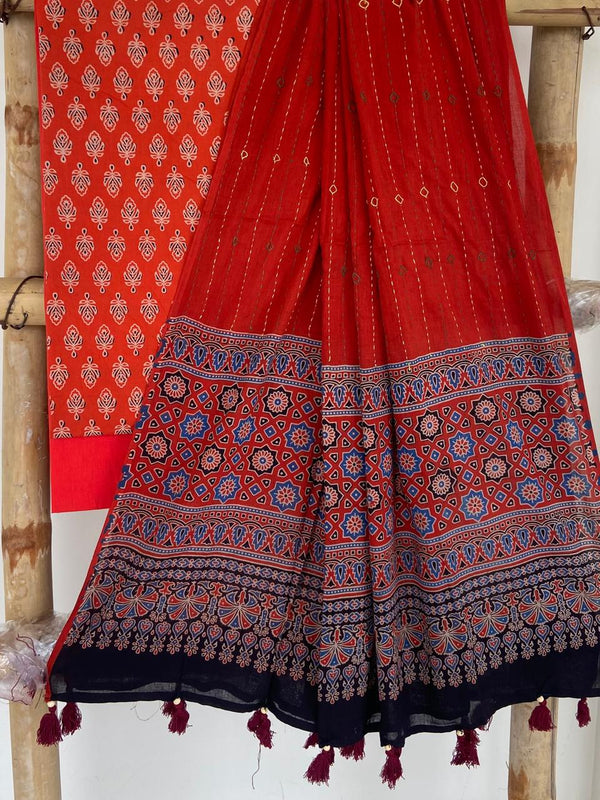 Pure Cotton Azrakh Print Unstitched suit With Azrakh Print Dupatta.